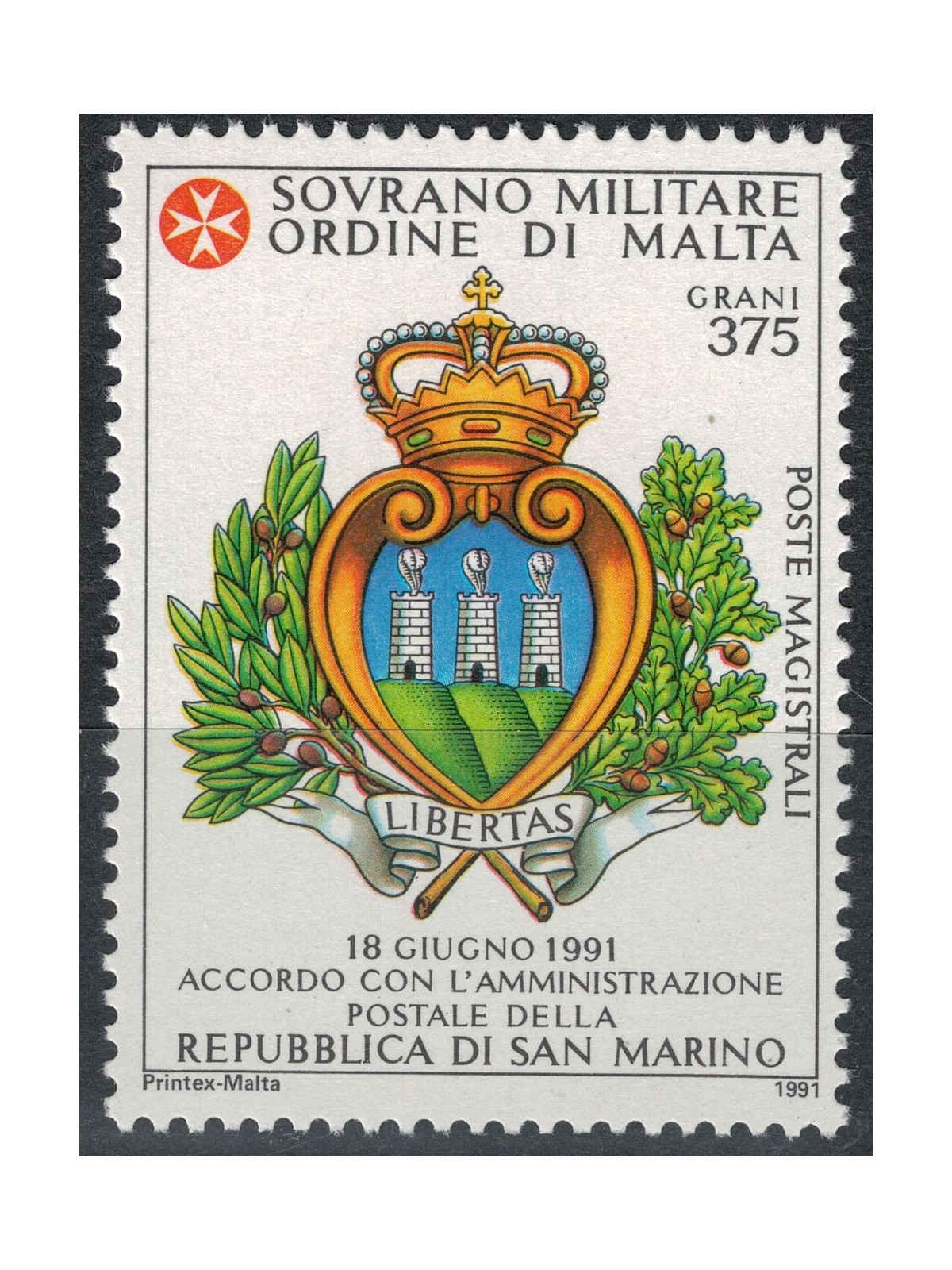 SMOM 1991 Postal Agreement with San Marino MNH**