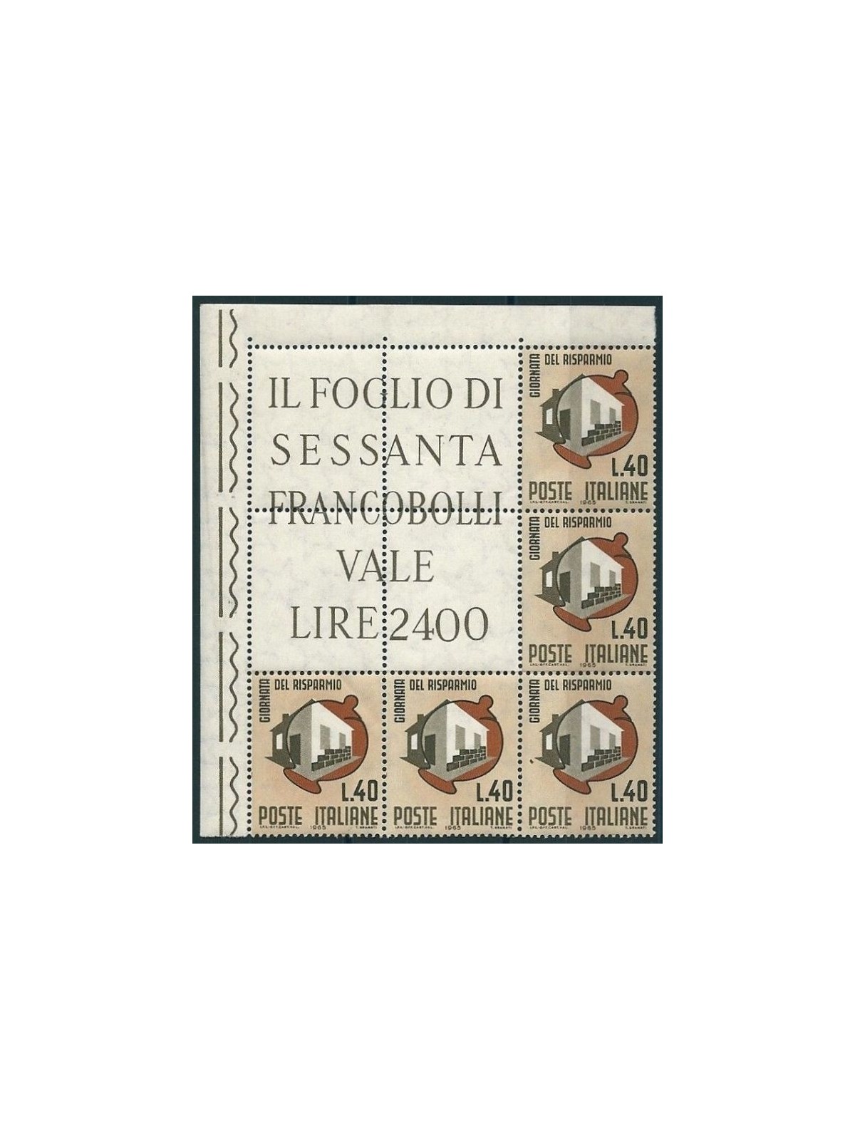 ITALIA 1965 Giornata del risparmio, blocco angolare di 5 MNH**