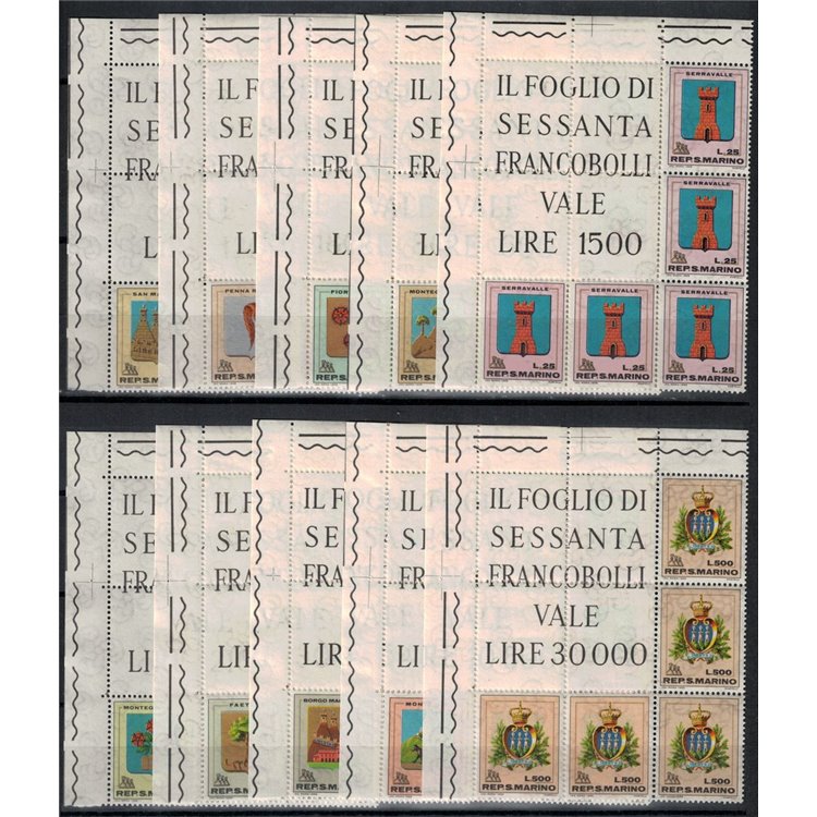 SAN MARINO 1968 Coats of Arms, corner blocks of 5 MNH**