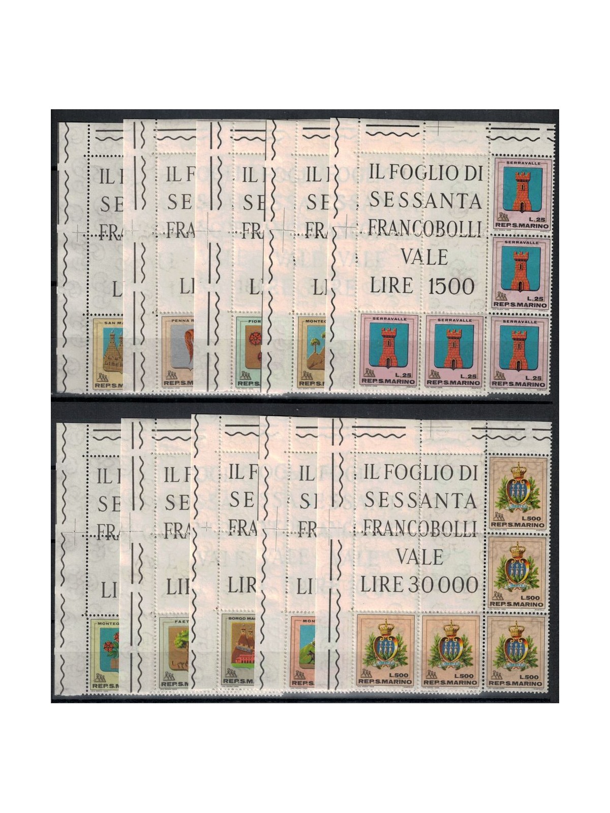 SAN MARINO 1968 Coats of Arms, corner blocks of 5 MNH**