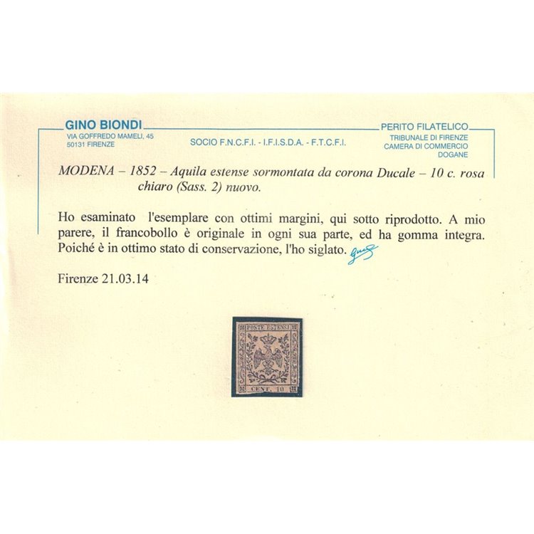 DUCATO DI MODENA 1852 10c rosa chiaro senza punto MNH**