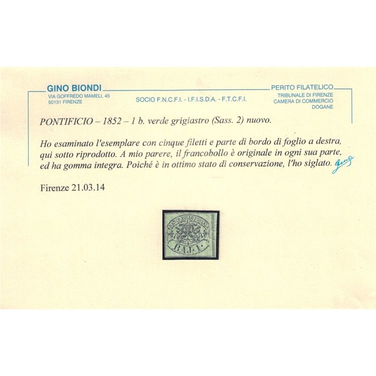 STATO PONTIFICIO 1852-64 Stemma (1 bajocco verde grigiastro) MNH** ©