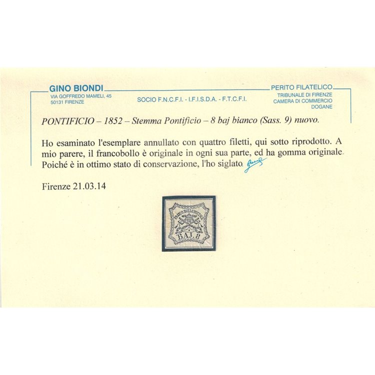 STATO PONTIFICIO 1852-64 Stemma (8 bajocchi bianco) MH* ©