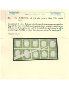 REGNO DI SARDEGNA 1863 Varietà 5c verde smorto 10v MNH** ©
