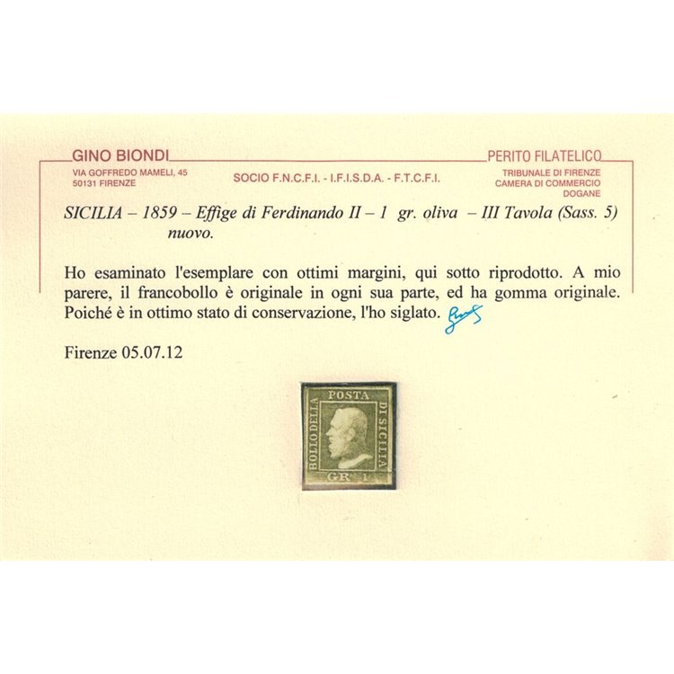 REGNO DI SICILIA 1859 1 Grano Verde oliva chiaro MH* ©