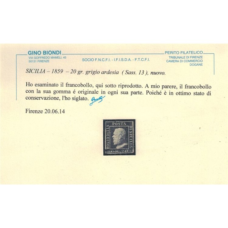 REGNO DI SICILIA 1859 20 grana grigio ardesia MH* ©