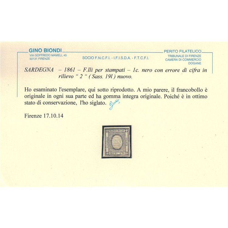 REGNO DI SARDEGNA 1861 Varietà 1c francobolli per stampati MNH** ©