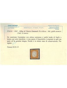 ITALIA REGNO 1862 80c giallo arancio MNH** ©