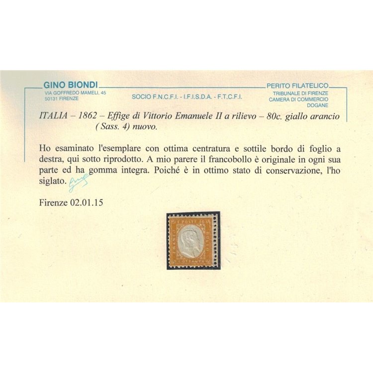 ITALIA REGNO 1862 80c giallo arancio MNH** ©