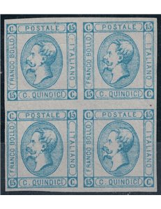 ITALY KINGDOM 1863 15c lithographic (I type) light blue in block of four MNG ©