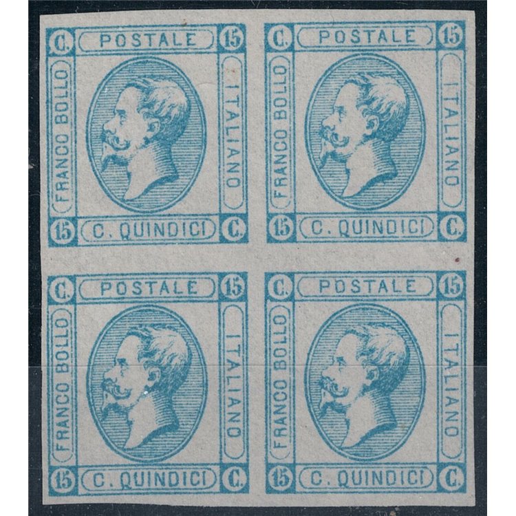 ITALIA REGNO 1863 15c litografico (I tipo) celeste chiaro in quartina MNG ©