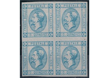 ITALY KINGDOM 1863 15c lithographic (I type) light blue in block of four MNG ©