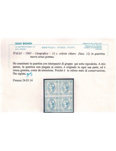 ITALIA REGNO 1863 15c litografico (I tipo) celeste chiaro in quartina MNG ©