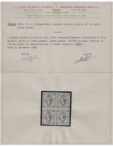 ITALIA REGNO 1863 15c litografico (I tipo) celeste chiaro in quartina MNG ©