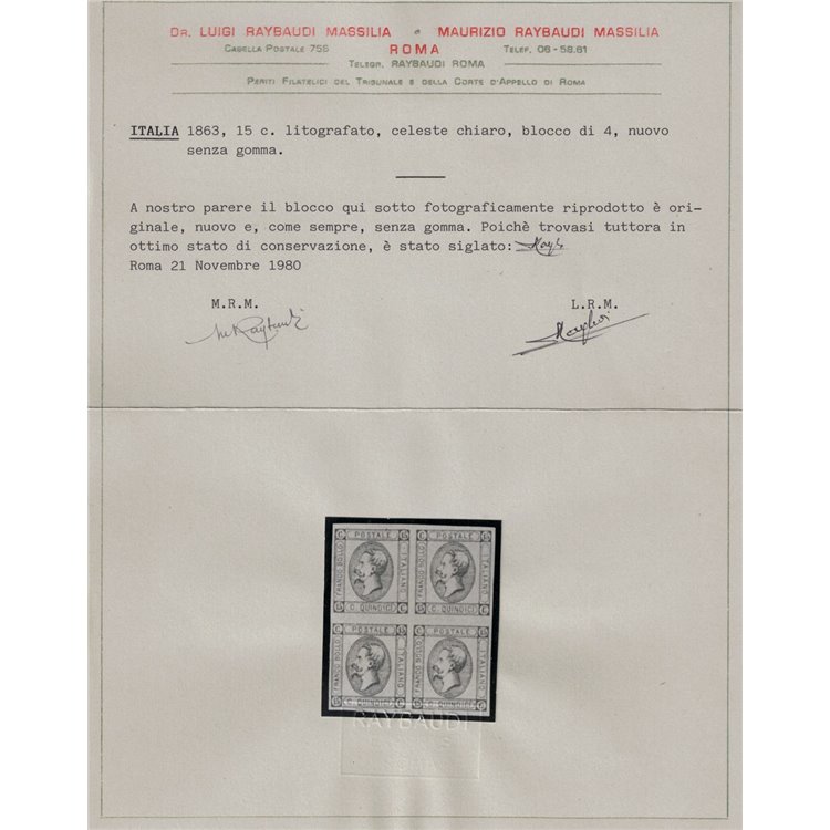 ITALIA REGNO 1863 15c litografico (I tipo) celeste chiaro in quartina MNG ©