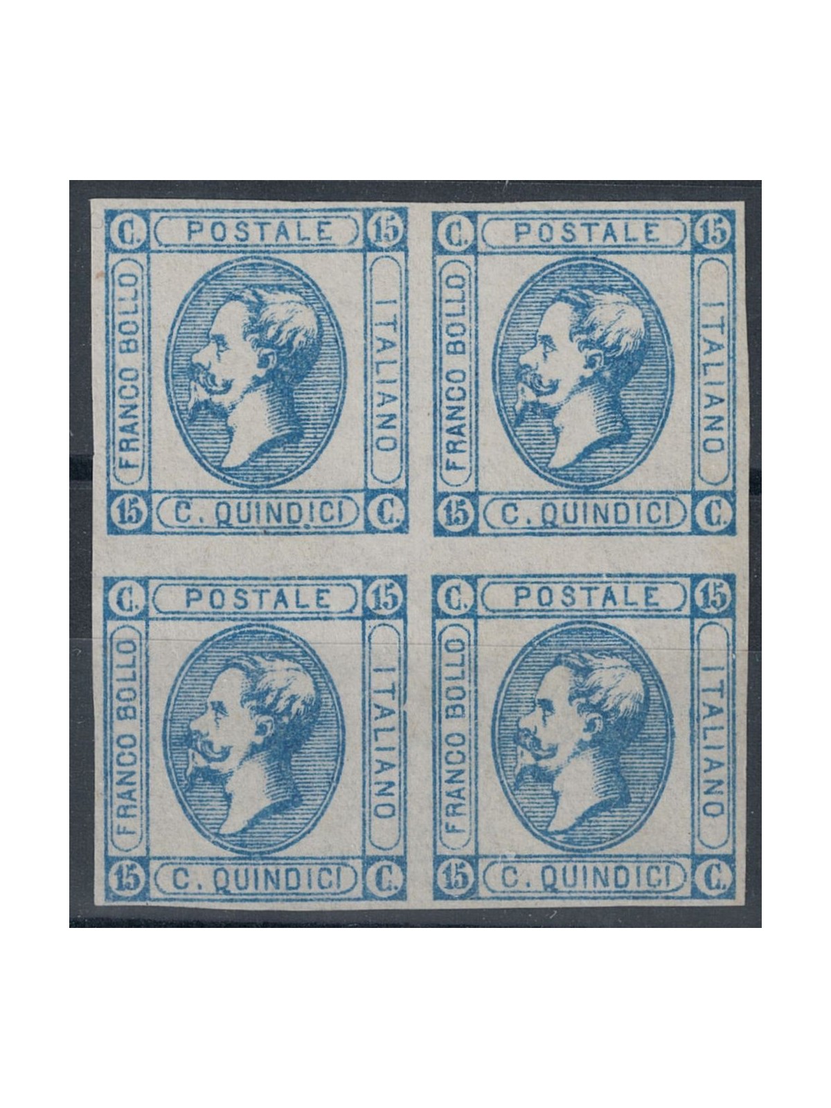 ITALIA REGNO 1863 15c litografico (I tipo) in quartina MNG