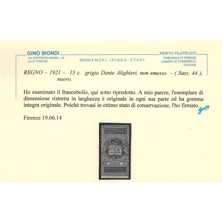 ITALIA REGNO 1921 Varietà 15c Dante non emesso con salto della dentellatura MNH**