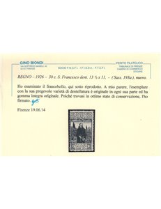 ITALIA REGNO 1926 San Francesco, 30c dent. 13½ x 11 MNH** ©