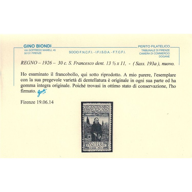 ITALIA REGNO 1926 San Francesco, 30c dent. 13½ x 11 MNH** ©