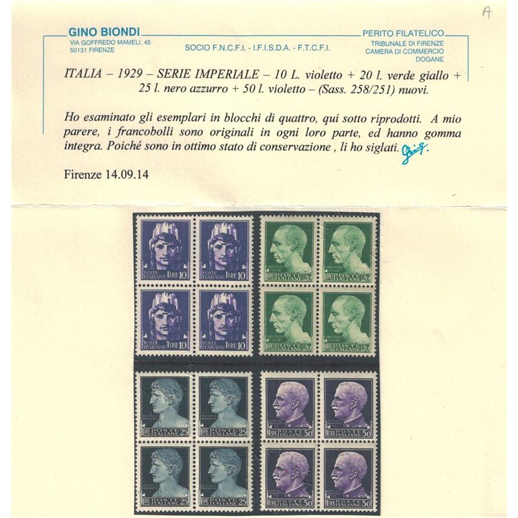 ITALIA REGNO 1929-42 Serie Imperiale in quartina 22v MNH** ©