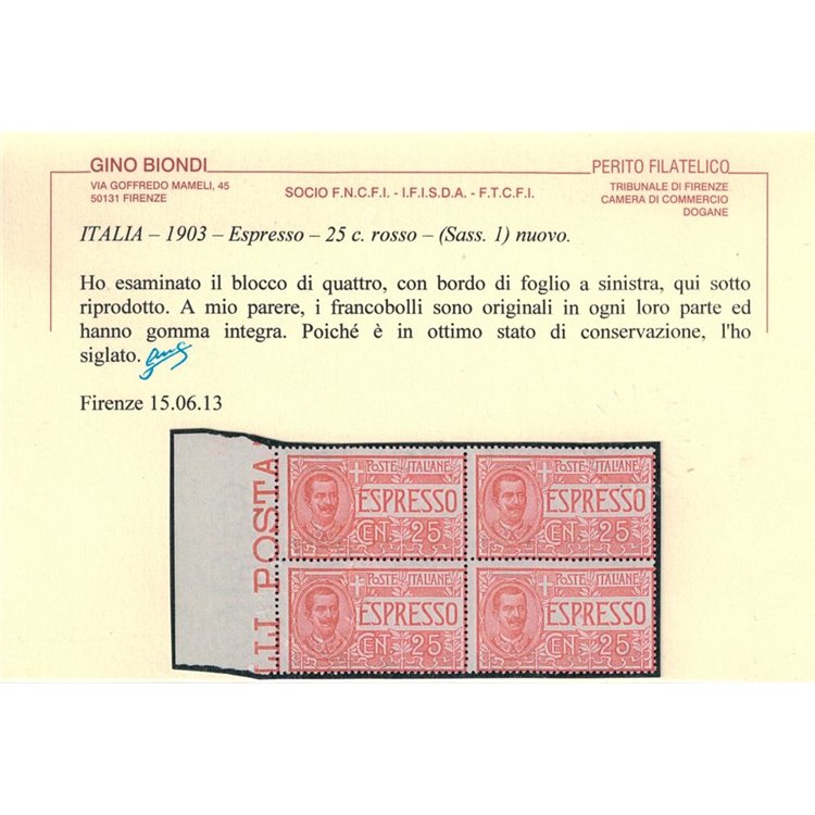 ITALIA REGNO 1903 Espresso (in quartina) MNH** ©