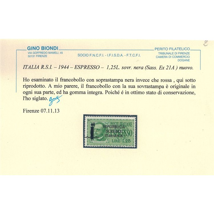 ITALIA RSI 1944 Varietà Espresso ₤ 1,25 verde MNH**