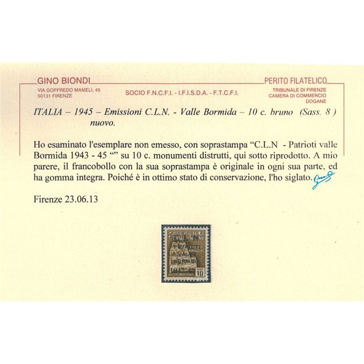 VALLE BORMIDA 1945 10c bruno non emesso MNH** ©