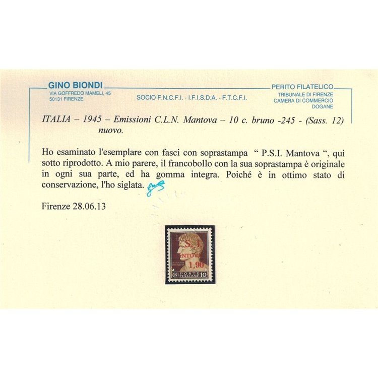 MANTOVA 1945 10c + 1,90 bruno non emesso MNH** ©