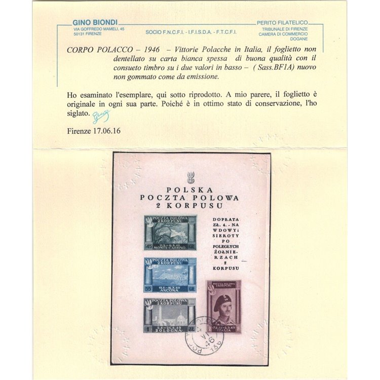 CORPO POLACCO 1946 Vittorie polacche in Italia (carta bianca) BF MNG ©