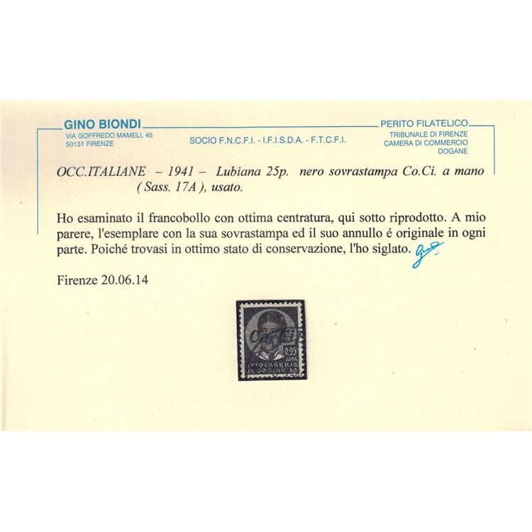 LUBIANA 1941 25 p. nero soprastampa a mano us ©
