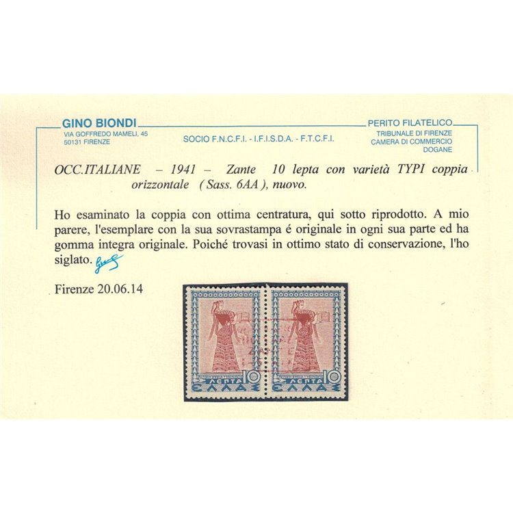 ZANTE 1941 Varietà coppia 10 lepta con soprastampa TYPI MNH**