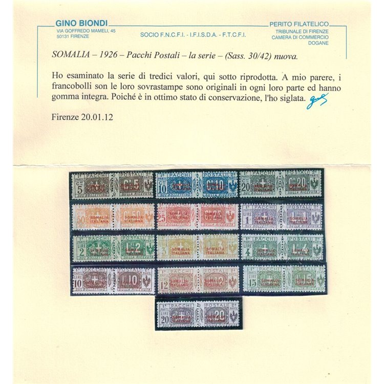 SOMALIA ITALIANA 1926-31 Pacchi postali soprast. in rosso 3° tipo 13v MNH**