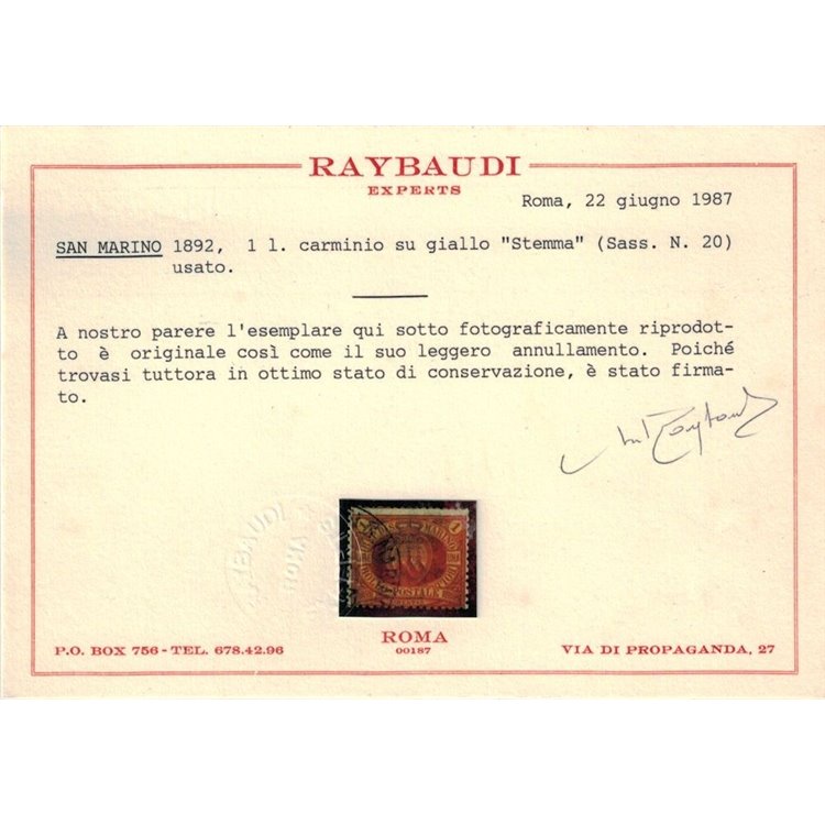 SAN MARINO 1892-94 1₤ rosso su giallo us ©
