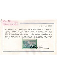 SAN MARINO 1948 Varietà ₤ 100 Lavoro non dentellato in alto MNH**