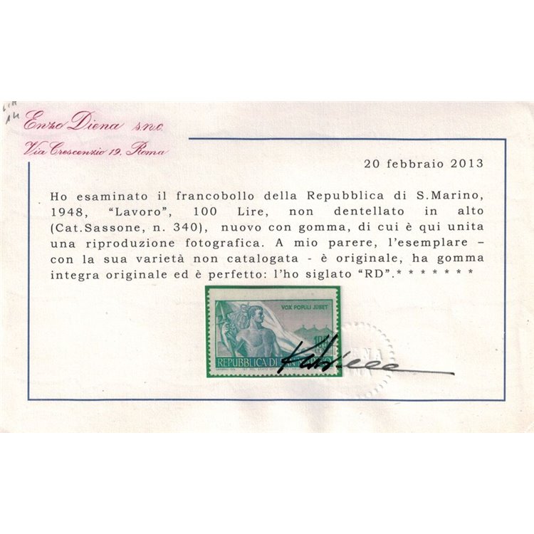 SAN MARINO 1948 Varietà ₤ 100 Lavoro non dentellato in alto MNH**