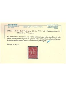 ITALIA 1949 Varietà ₤ 20 Volta dent. 14½ x 14½ MNH** ©