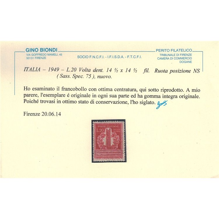 ITALIA 1949 Varietà ₤ 20 Volta dent. 14½ x 14½ MNH** ©