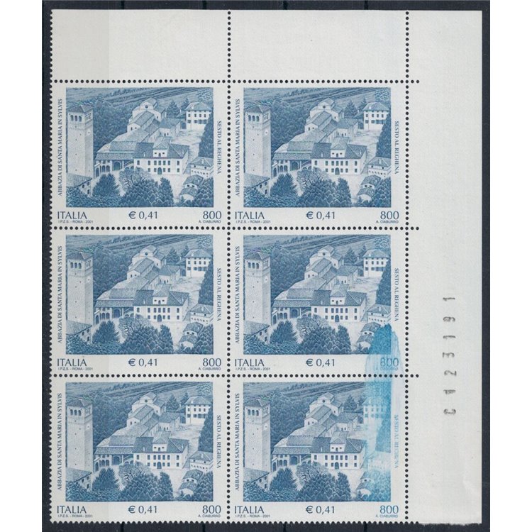 ITALY 2001 Variety Abbey Santa Maria in Sylvis block of 6 MNH**