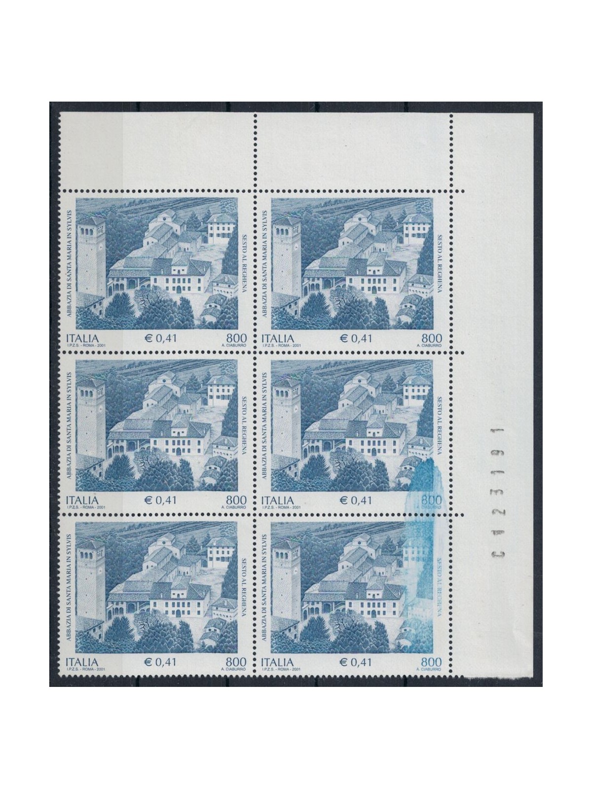 ITALY 2001 Variety Abbey Santa Maria in Sylvis block of 6 MNH**