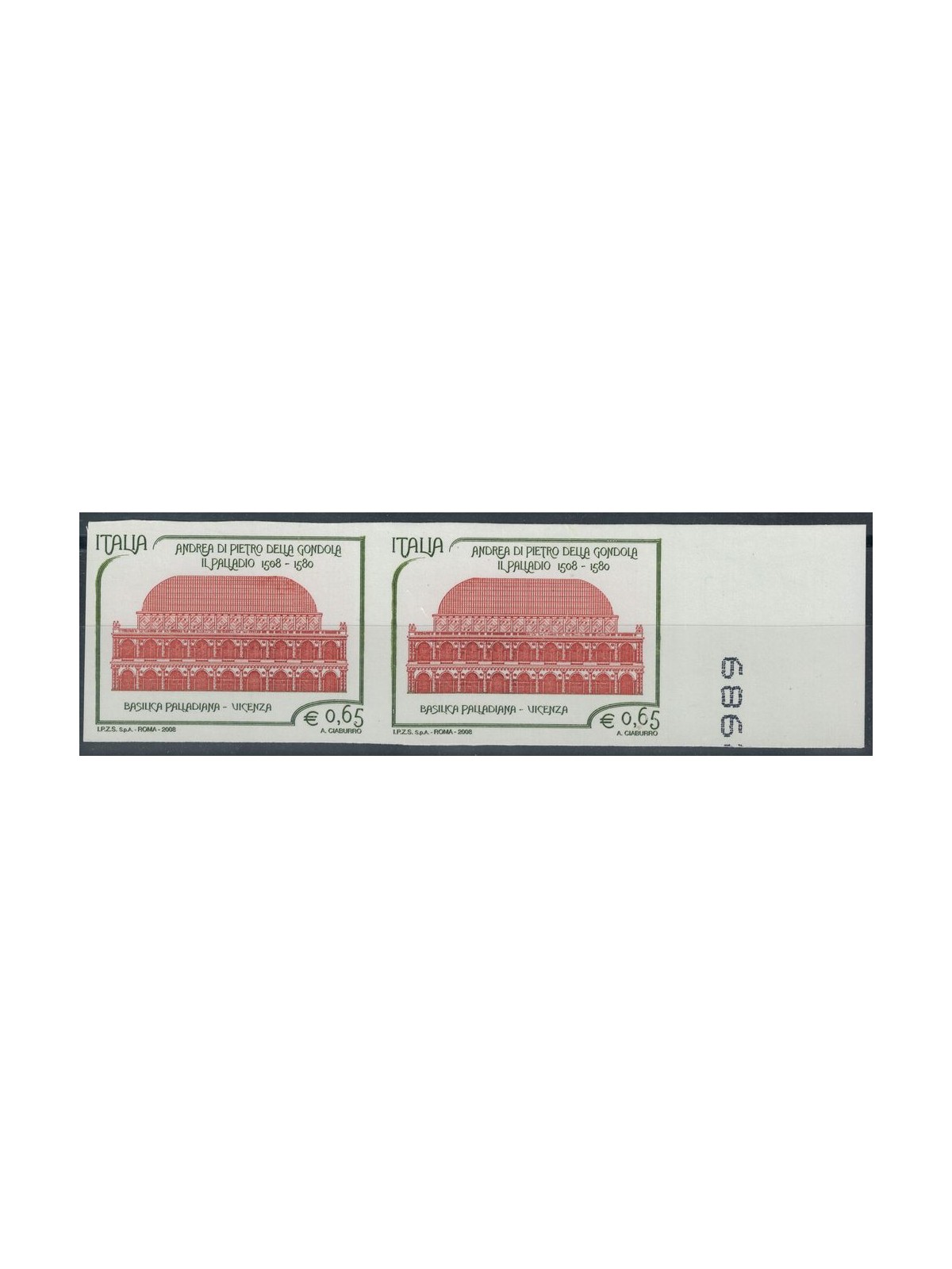 ITALIA 2008 Varietà Palladio non dentellato MNH** ©