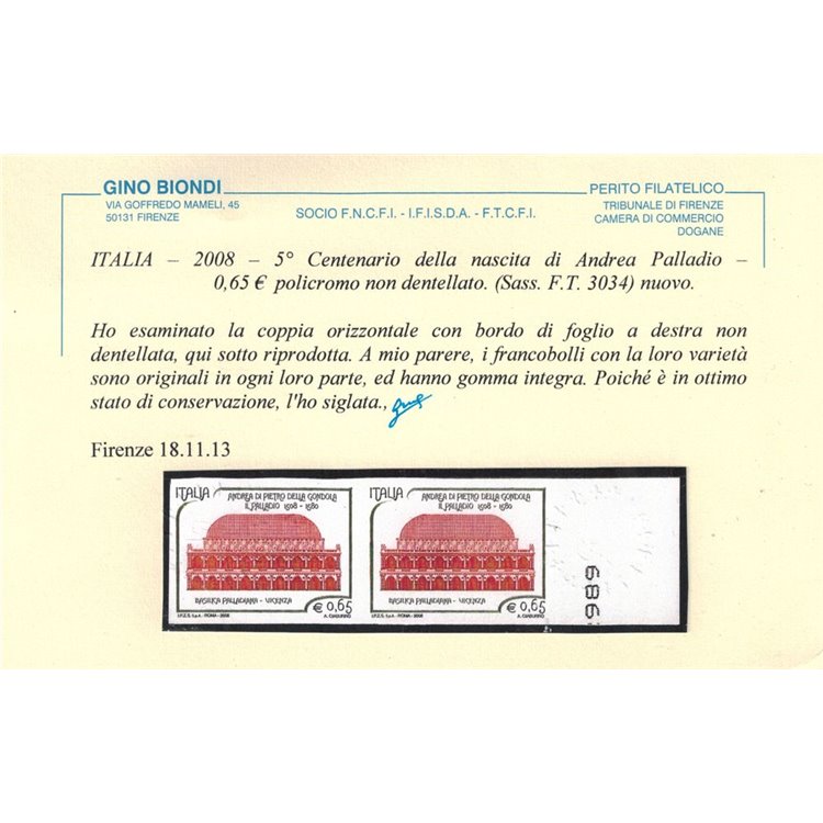 ITALIA 2008 Varietà Palladio non dentellato MNH** ©