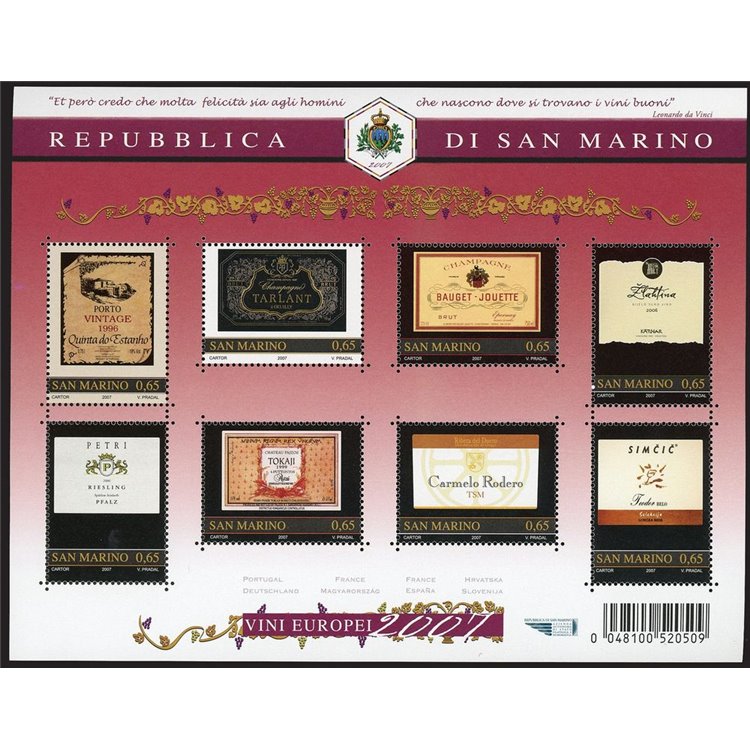 SAN MARINO 2007 Grandi vini europei BF MNH**