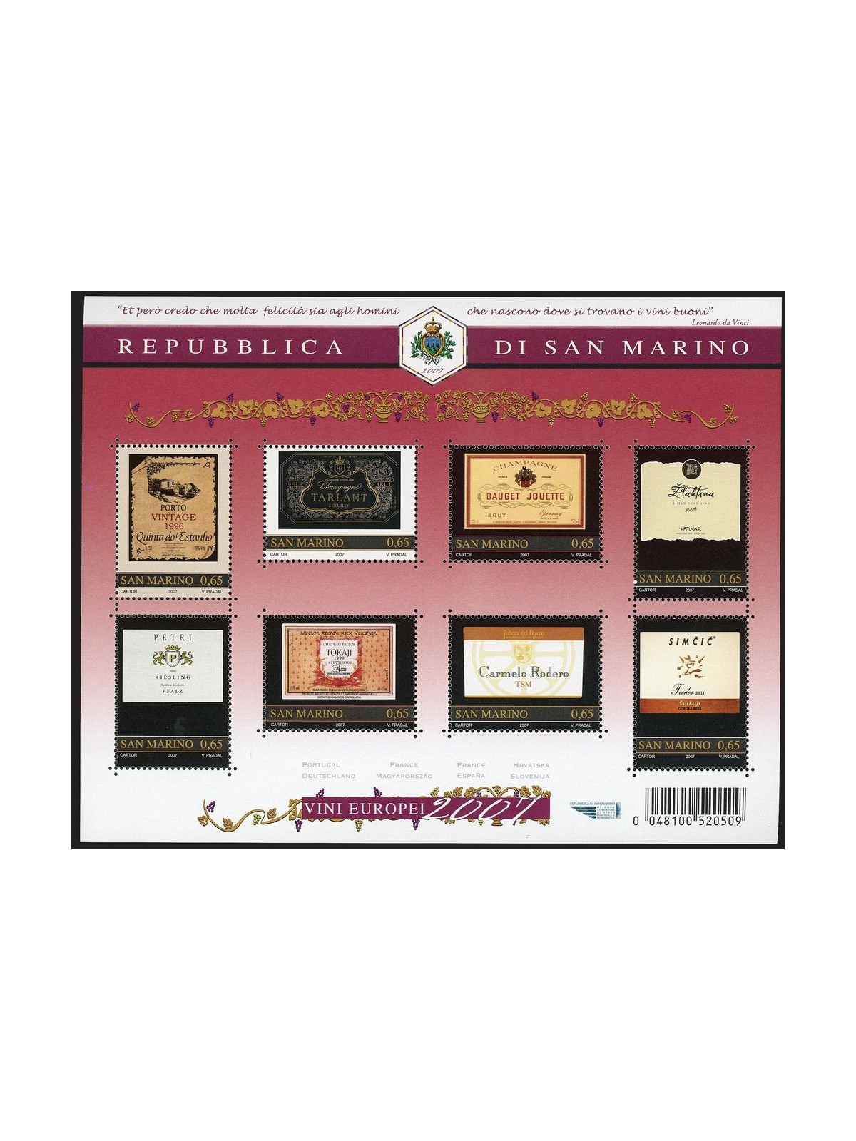 SAN MARINO 2007 Great European Wines s/s MNH**