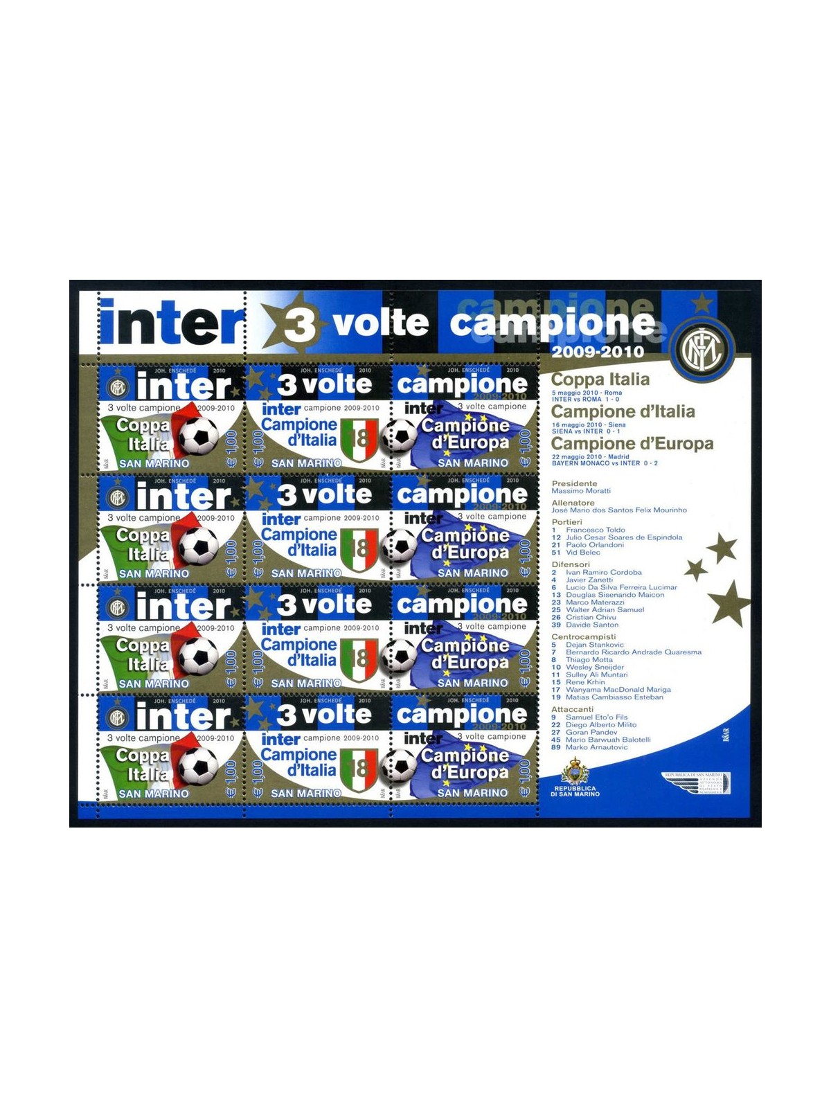 SAN MARINO 2010 Inter 3 times champion m/s MNH**