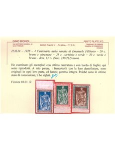 ITALIA REGNO 1928 Emanuele Filiberto dent. 13½ 3v MNH** © (Lusso)