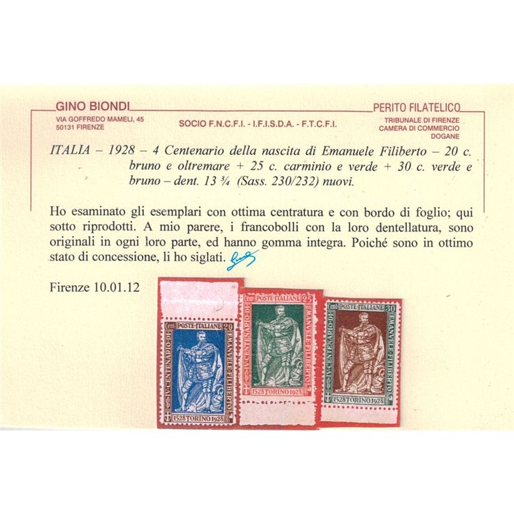 ITALIA REGNO 1928 Emanuele Filiberto dent. 13½ 3v MNH** © (Lusso)