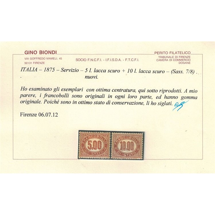 ITALIA REGNO 1875 Servizio di Stato, 5₤ + 10₤ 2v MH* © (Lusso)