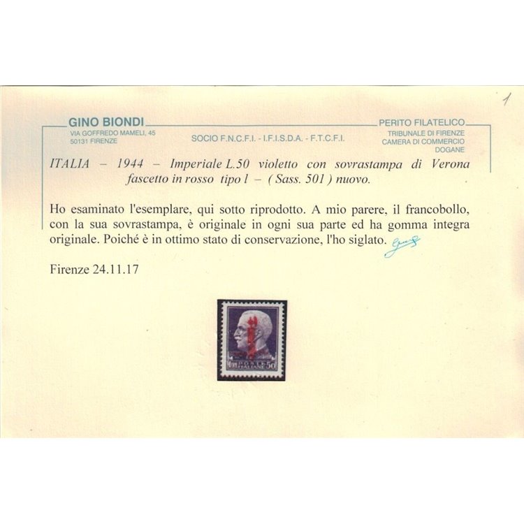 ITALIA RSI 1944 Fascetto ₤50 (Verona) MNH** ©