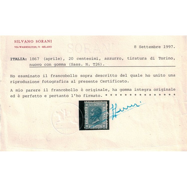 ITALIA REGNO 1867 20c azzurro (Torino) MNH** ©