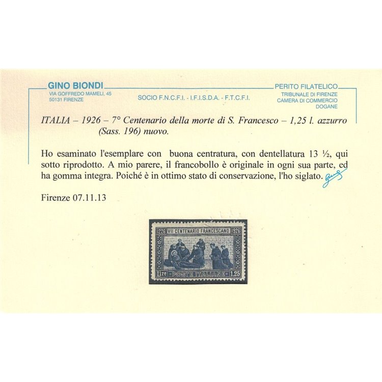 ITALIA REGNO 1926 San Francesco, 1,25₤ azzurro MNH**